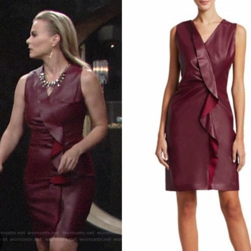 Elie Tahari Marsala Leather Ruffle Front Shift Dress‎ in Winterberry Burgundy 16